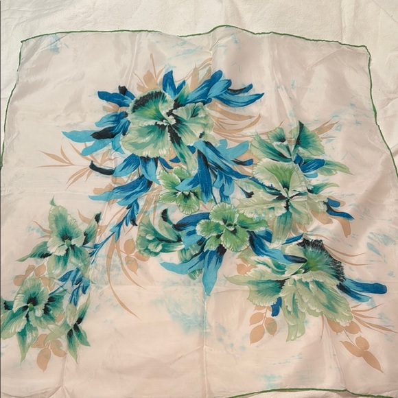 Accessories - Vintage Floral Silk Scarf with Blue and Green Design